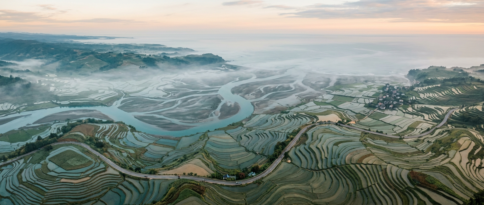 Aerial view of a river delta meeting terraced farmland at dawn