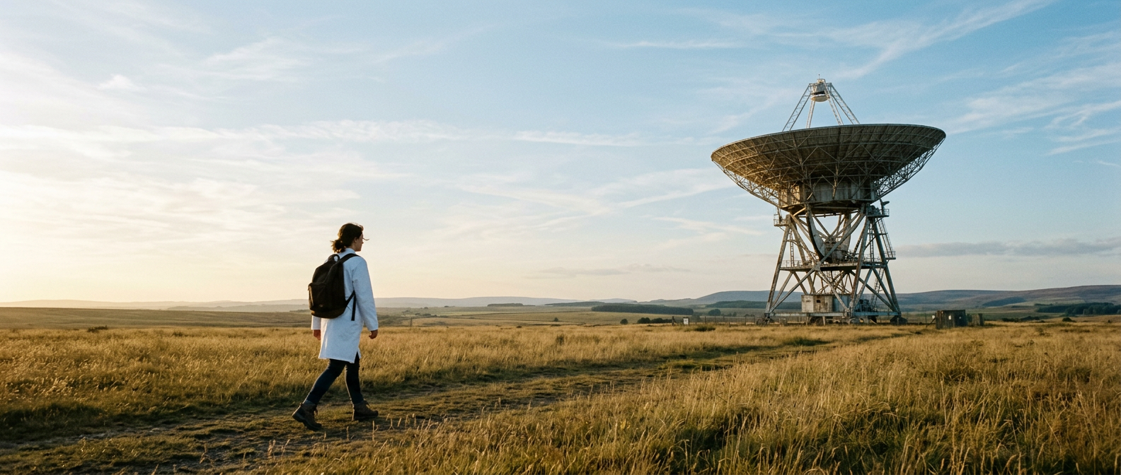 A researcher walking beneath a radio telescope