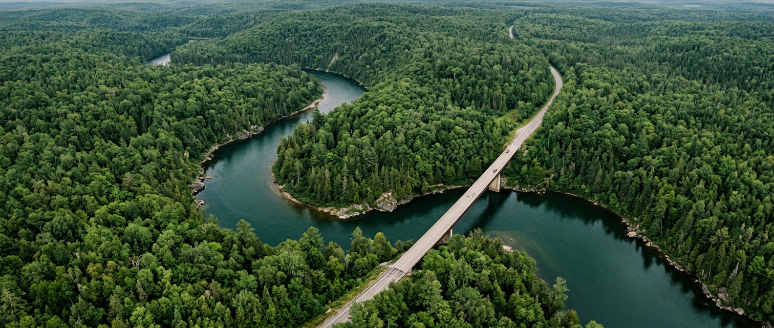 Aerial view of a river winding through forest, crossed by a bridge