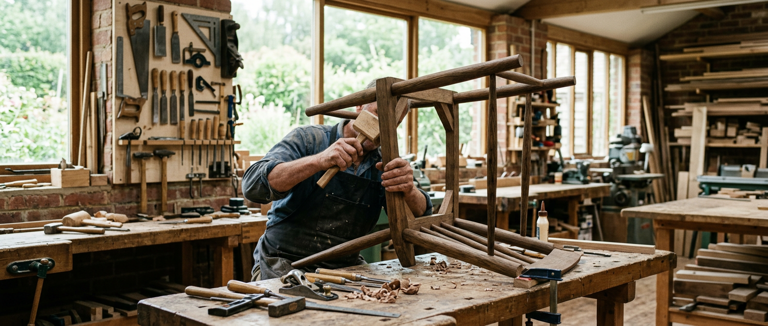 Hands assembling a wooden chair in a sunlit workshop