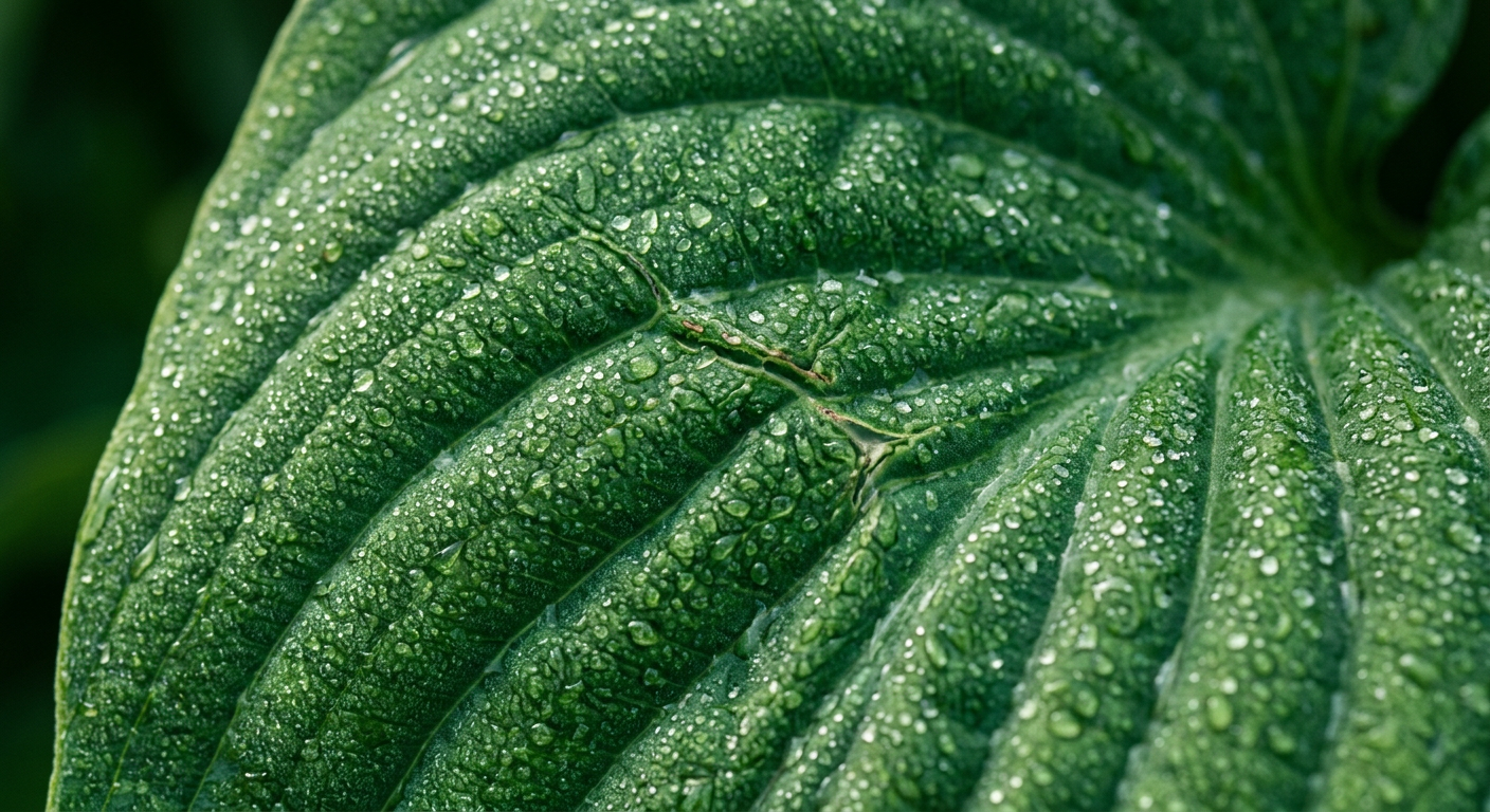 Macro view of leaf veins with water droplets
