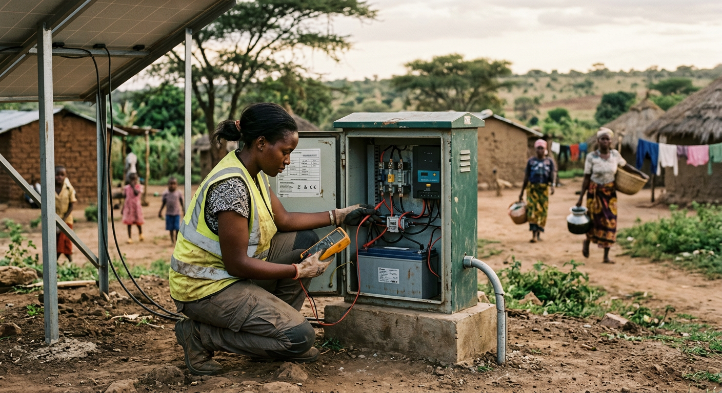 An engineer testing a solar battery cabinet