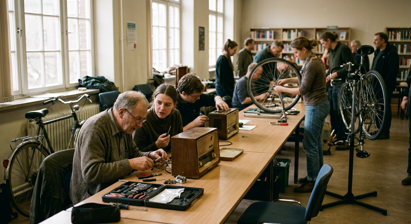 People repairing radios and bicycles at long library tables
