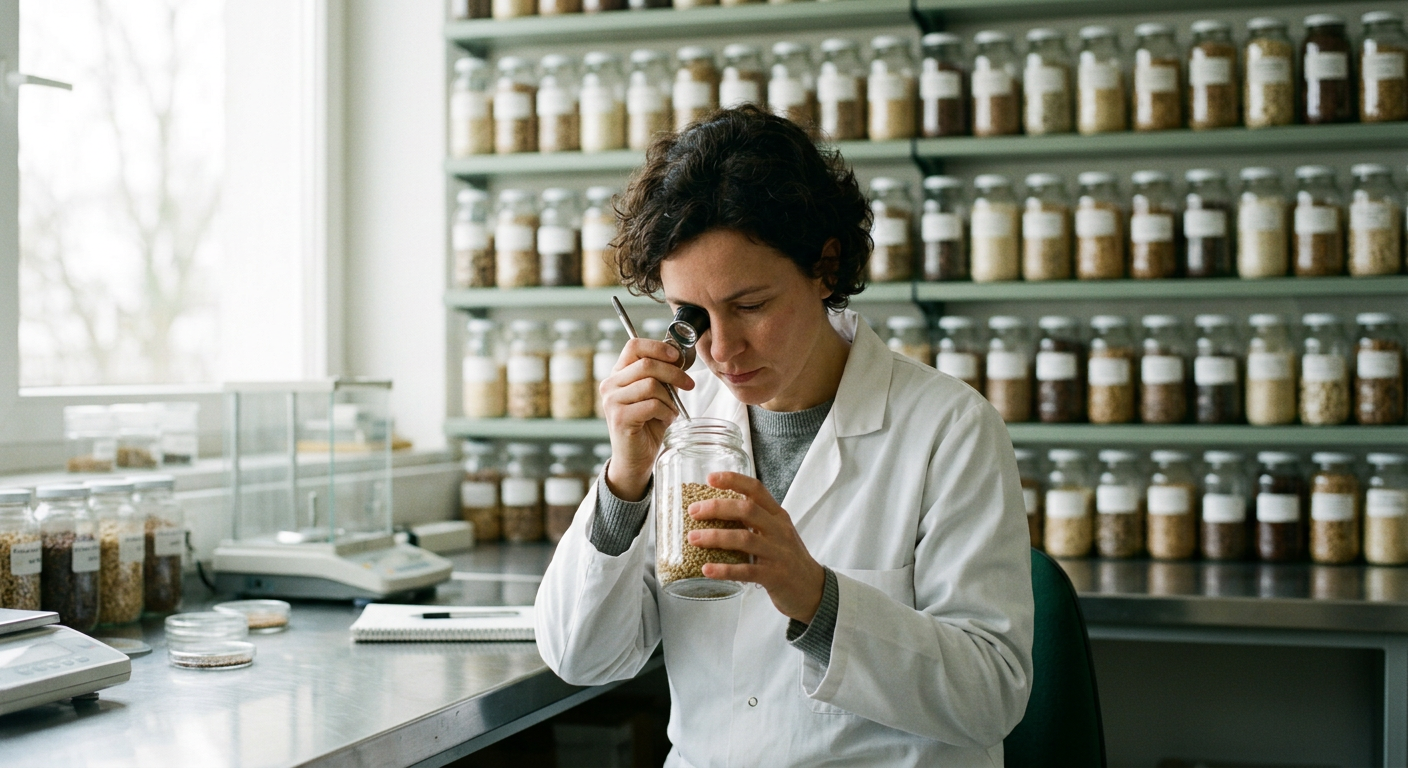 Illustrative image: a researcher examining sealed seed containers in a laboratory