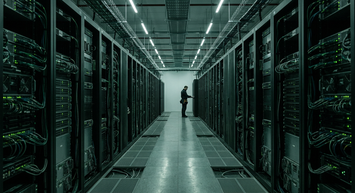 A technician at the end of a long data center aisle