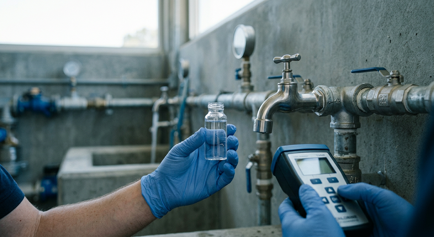 Illustrative image: a gloved hand holding a vial of tap water beside a chlorine test kit and a stainless steel tap on a pipe manifold at a water distribution station