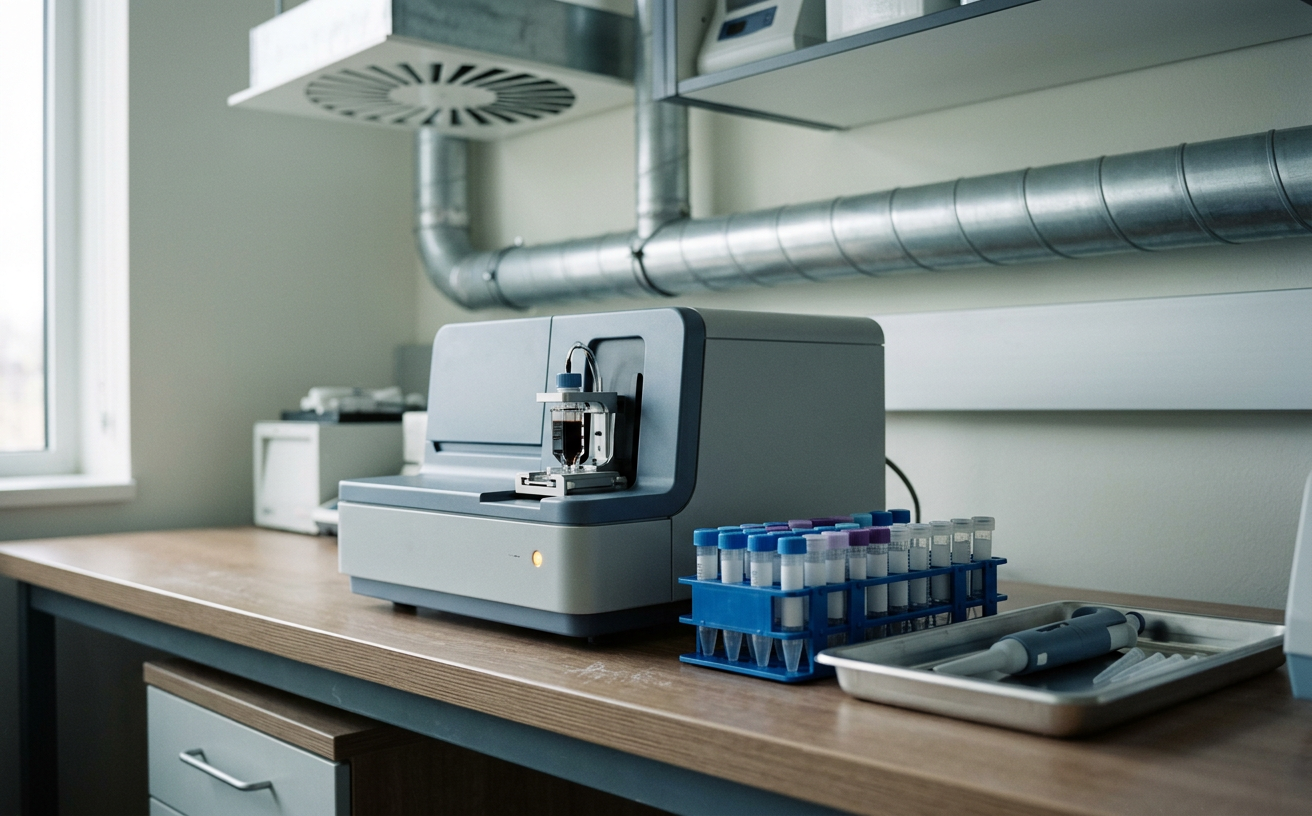 Illustrative image: a benchtop genomic sequencing instrument beside a rack of capped sample tubes and a pipette on a laboratory bench, with ventilation ducting on the wall behind