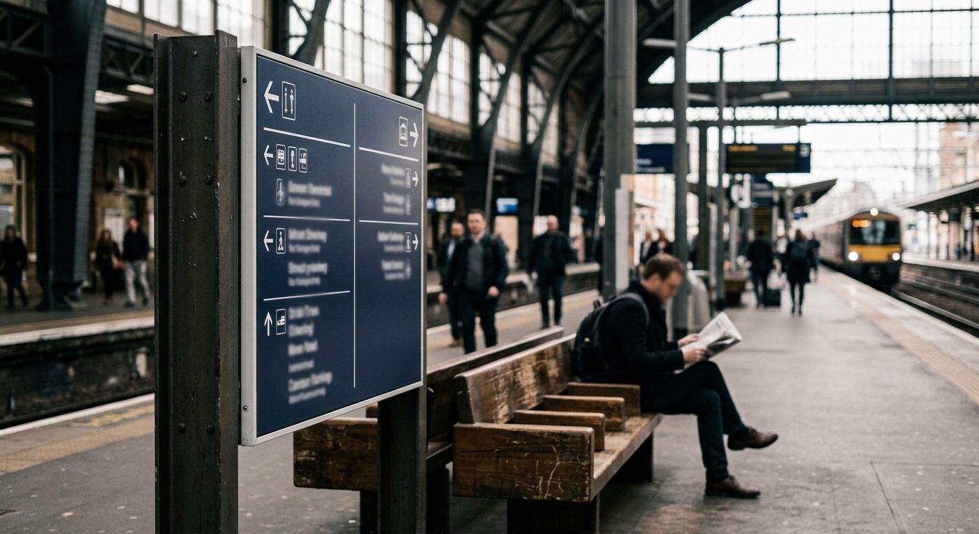 A wayfinding sign and bench in a train station