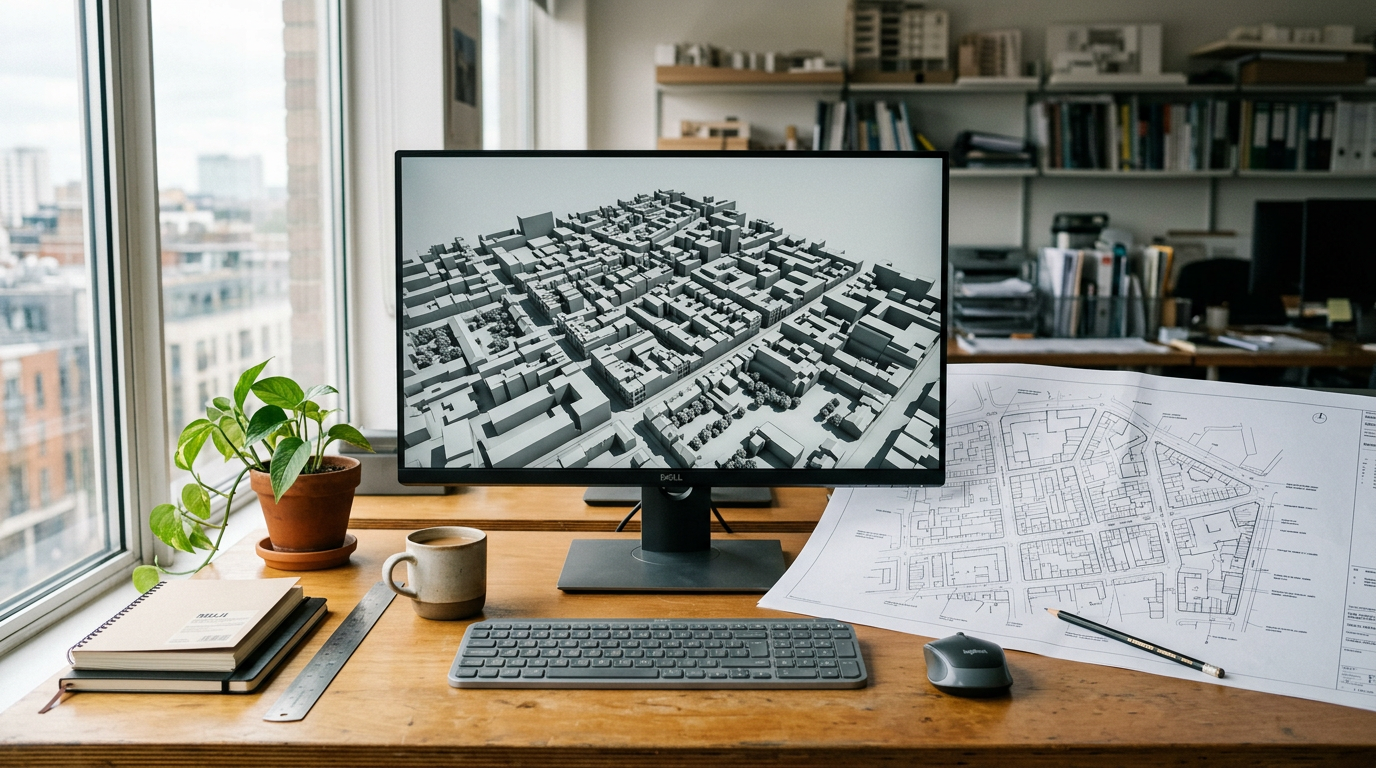 Illustrative image: a screen showing a 3D model of a city district beside a printed site plan on a desk