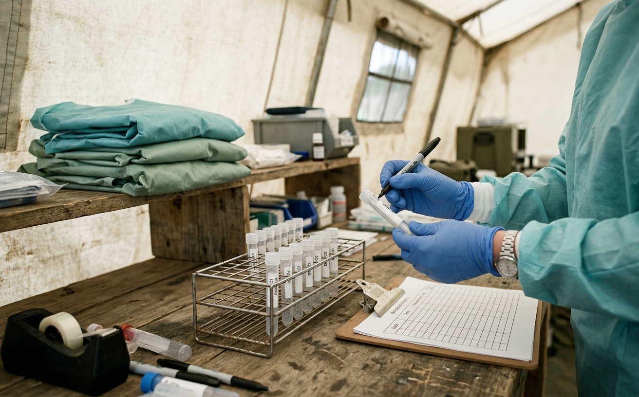 Illustrative image: gloved hands labelling sealed sample tubes on a field laboratory bench, with folded protective gowns behind