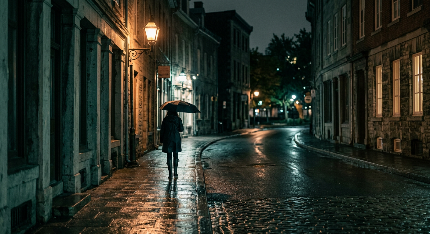 Illustrative image: a person with an umbrella under a streetlamp on a quiet, wet city street at night