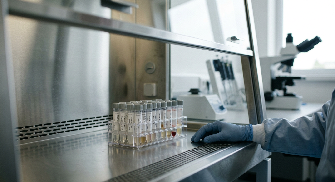 Illustrative image: sealed, labelled sample tubes in a rack inside a biosafety cabinet, with a gloved hand and a microscope out of focus in a quiet diagnostic laboratory