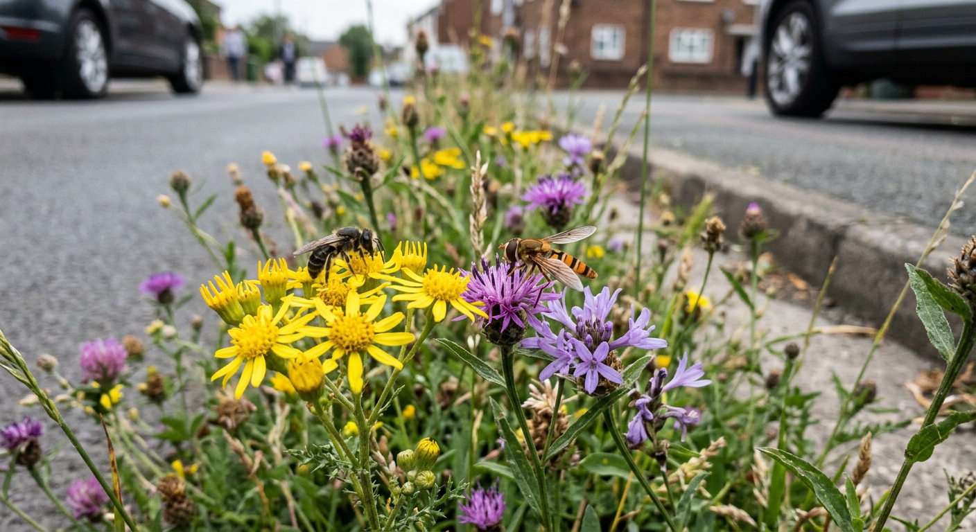 Illustrative image: a solitary bee and a hoverfly on wildflowers growing along an urban road verge