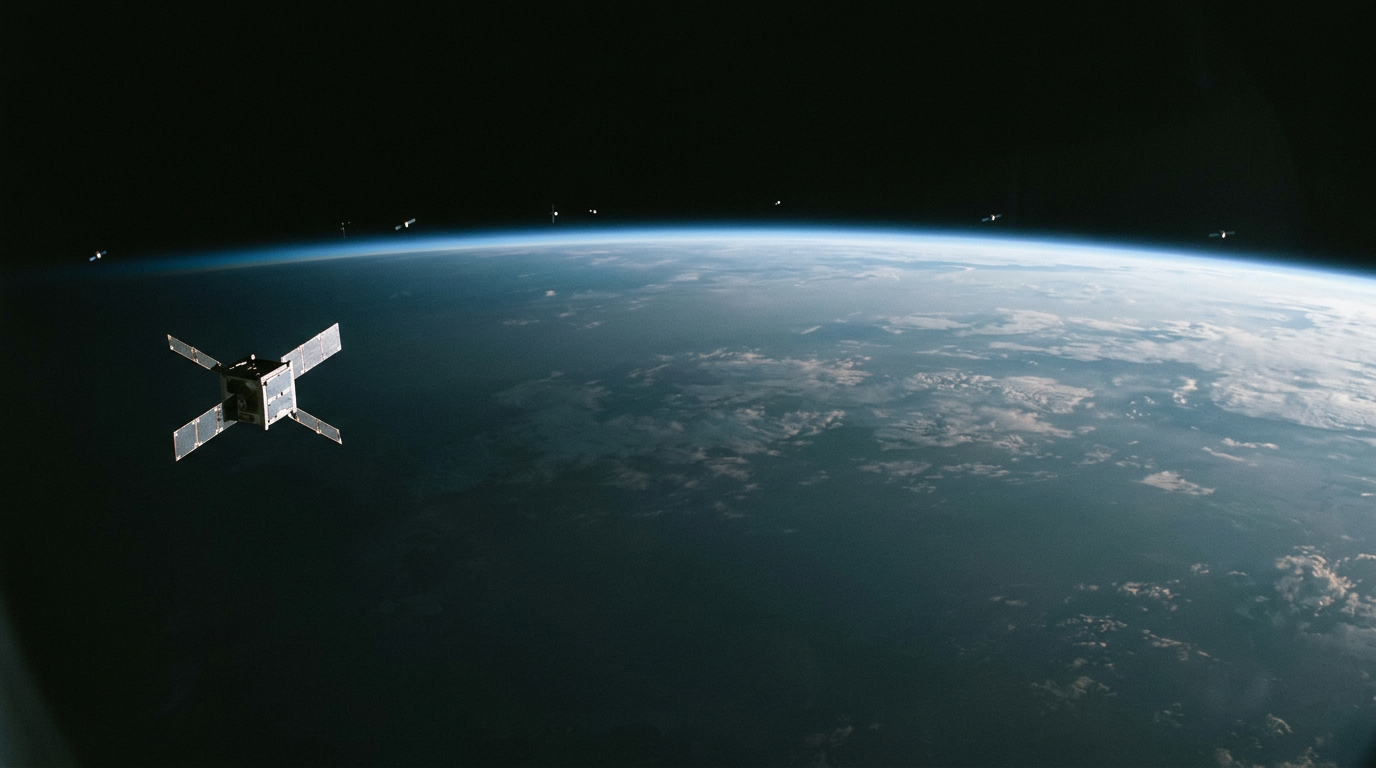 Illustrative image: a small satellite in low Earth orbit above the curve of the Earth, with other satellites visible as points of light along the horizon