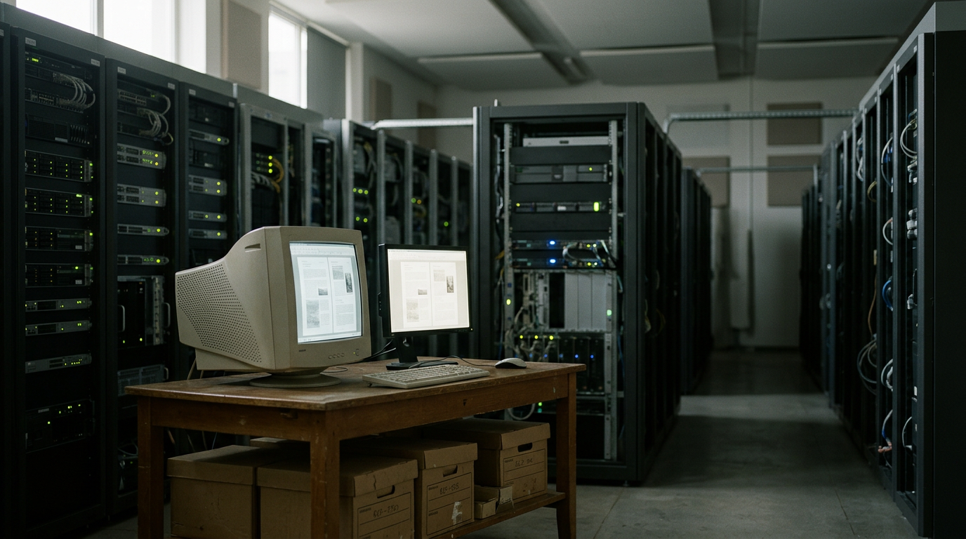 Illustrative image: an old beige computer monitor and a modern display on a wooden archive table, with archive boxes beneath and long rows of server racks behind